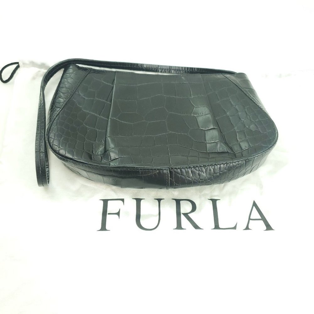 Furla Womens Black Leather Alligator Print Classic Shoulder Handbag Purse